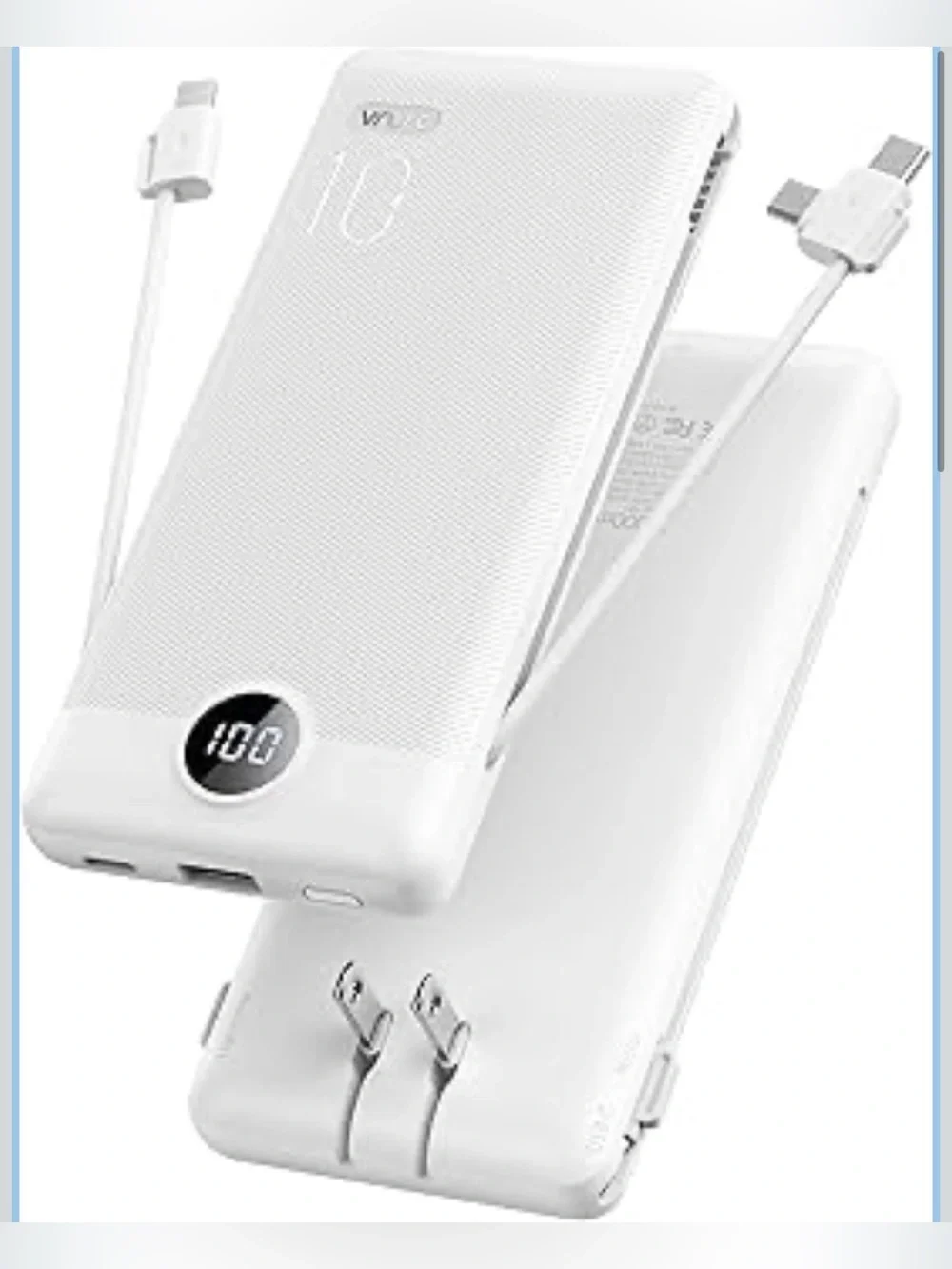 NEW VRURC 10000mAh Portable Charger Power Bank w/ Built-In AC Plug - White